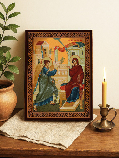 Icoană ortodoxă cu Buna Vestire cu ramă decorativă stil sculptat