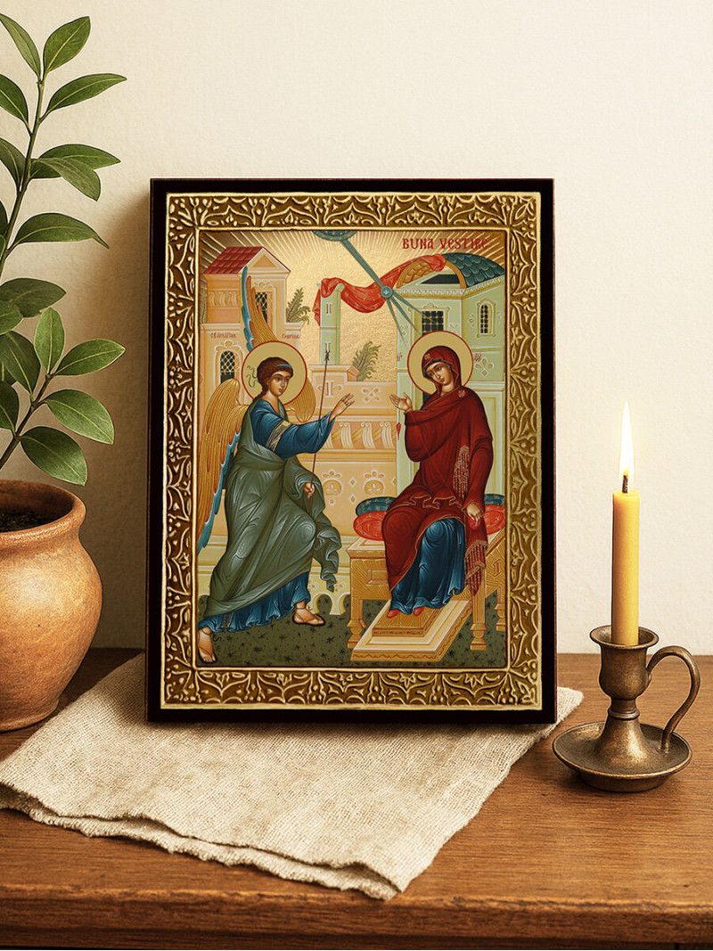 Icoană aurită cu Buna Vestire cu raze decorative