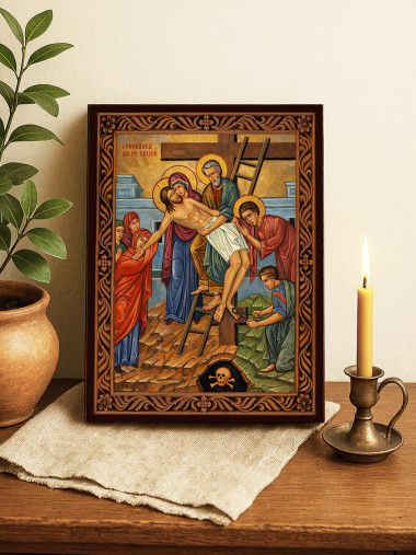 Icoană a Coborârii de pe Cruce – cu ramă decorativă