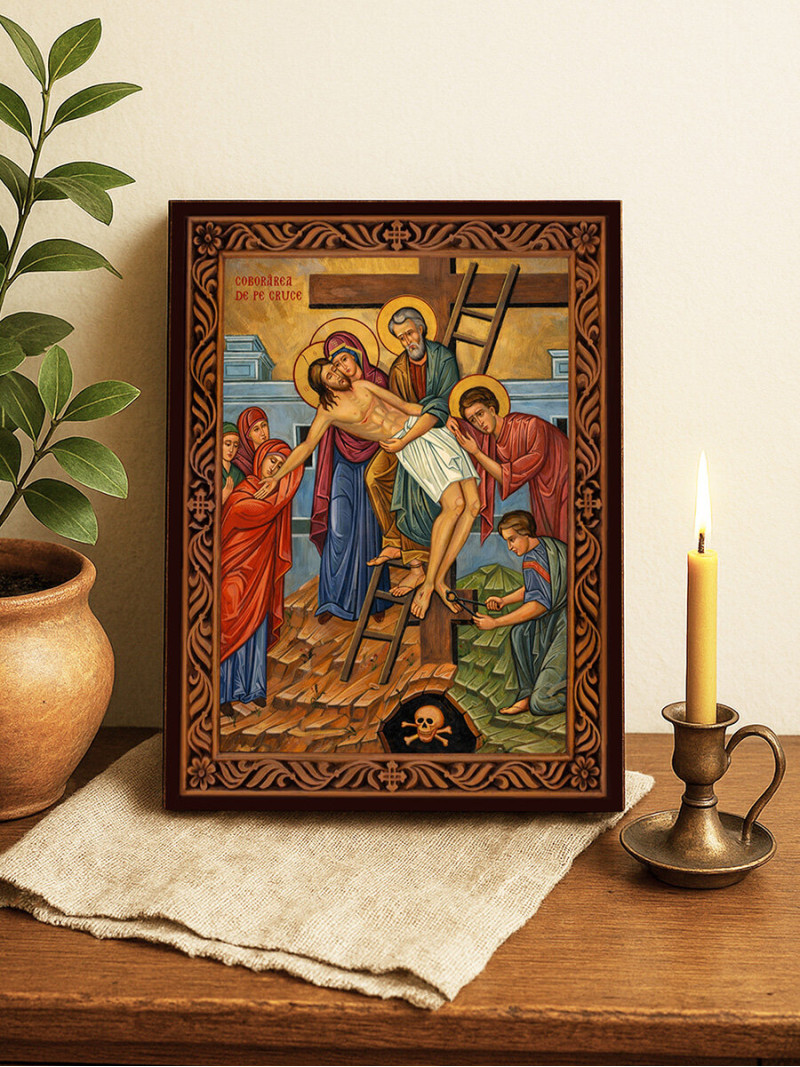 Icoană a Coborârii de pe Cruce – cu ramă decorativă