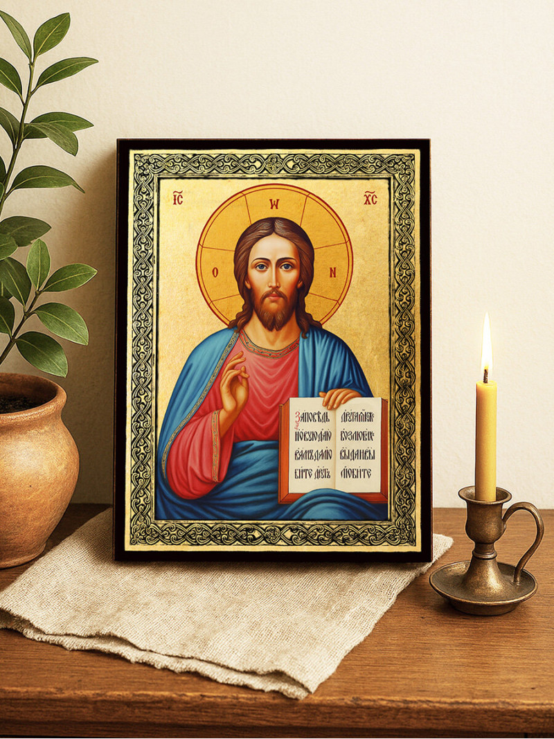 Icoană aurită cu Domnul Atotțiitorul și ramă decorativă