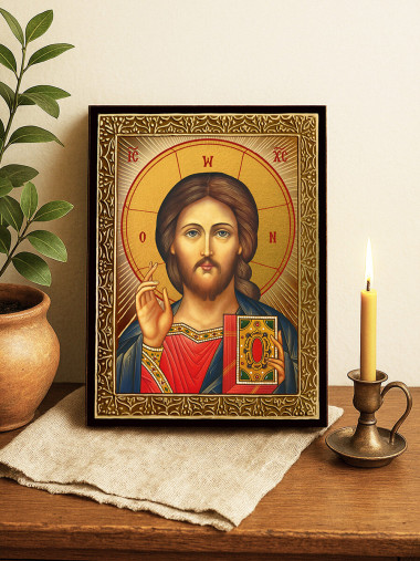 Icoană cu Domnul Atotțiitorul cu raze aurii decorative