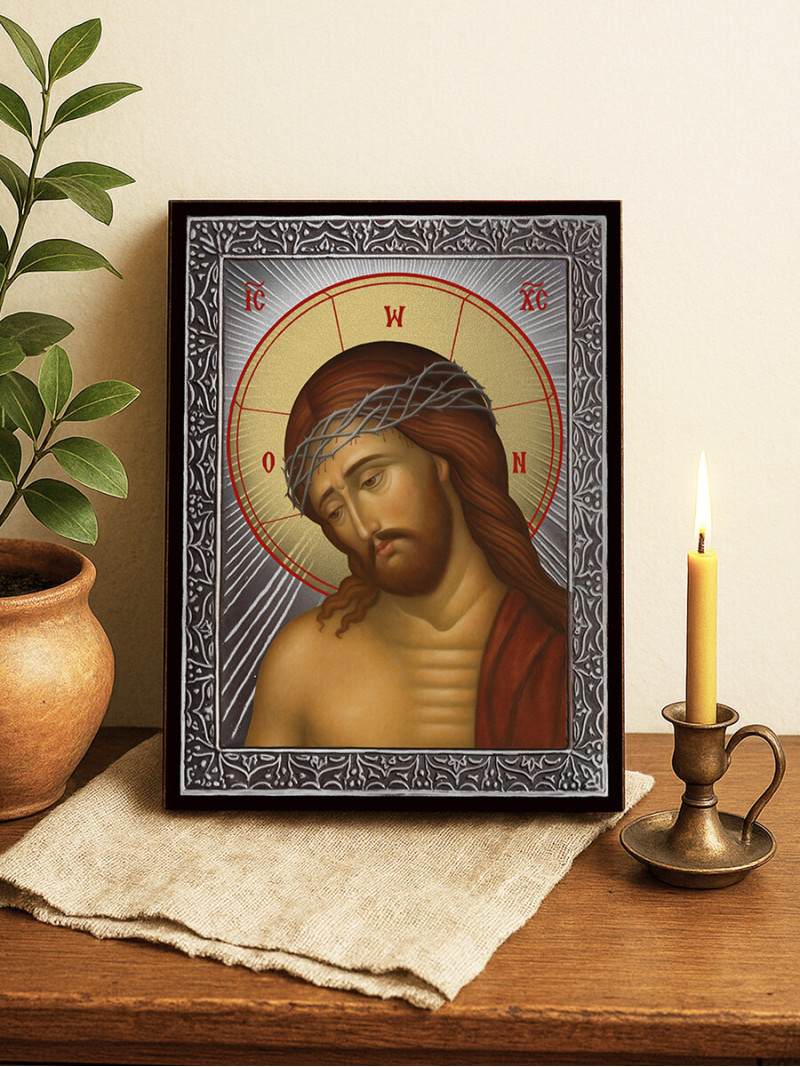 Icoană cu Domnul cu Coroana de Spini cu raze argintii decorative