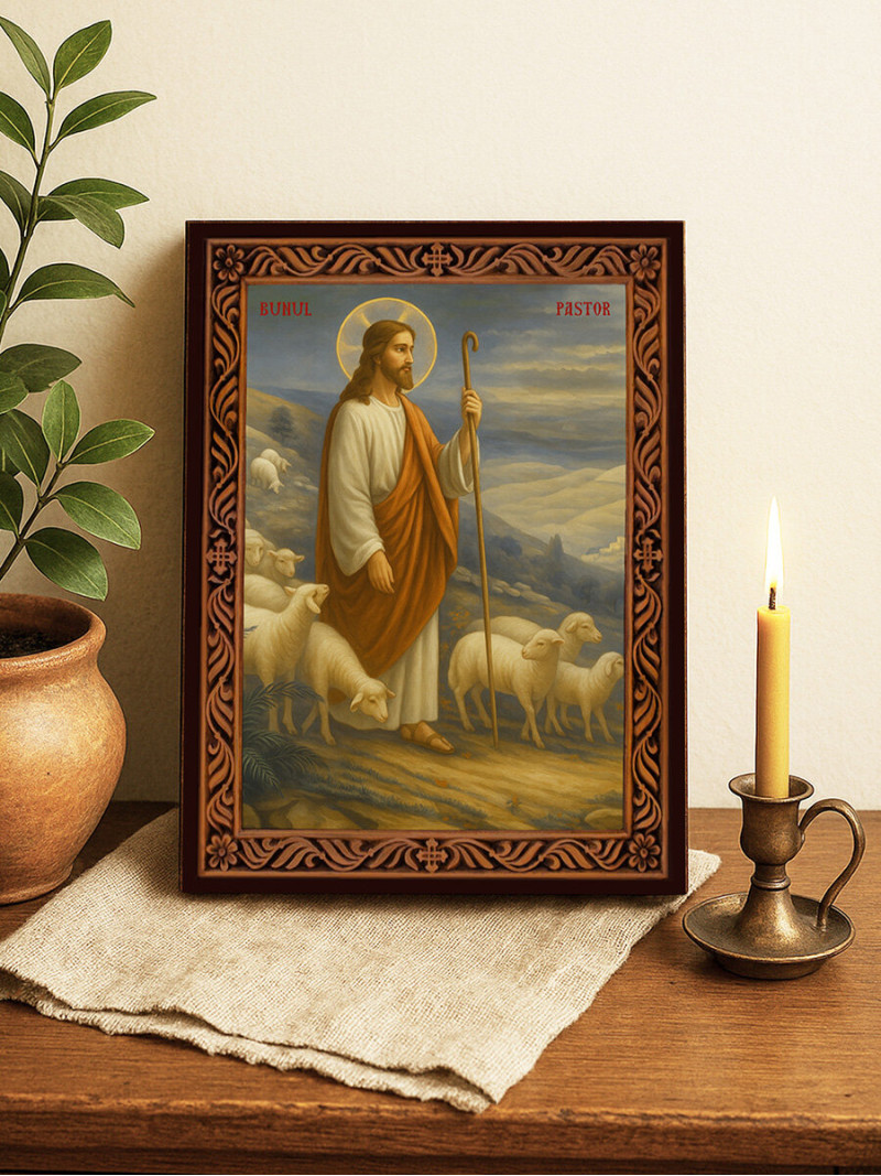 Icoană a lui Hristos Păstorul cel Bun cu ramă decorativă