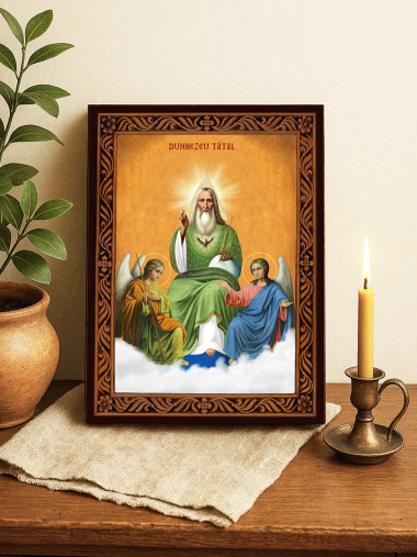 Icoană ortodoxă cu Dumnezeu Tatăl cu ramă decorativă stil sculptat