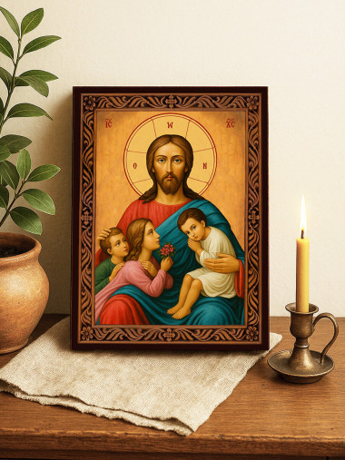 Icoană ortodoxă cu Hristos binecuvântează copiii cu ramă decorativă stil sculptat