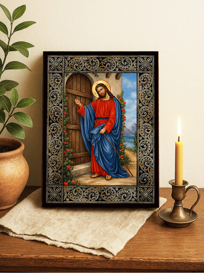 Icoană cu Iisus bate la ușă cu ramă florală decorativă
