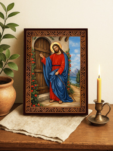 Icoană a lui Hristos care bate la ușă – cu ramă decorativă
