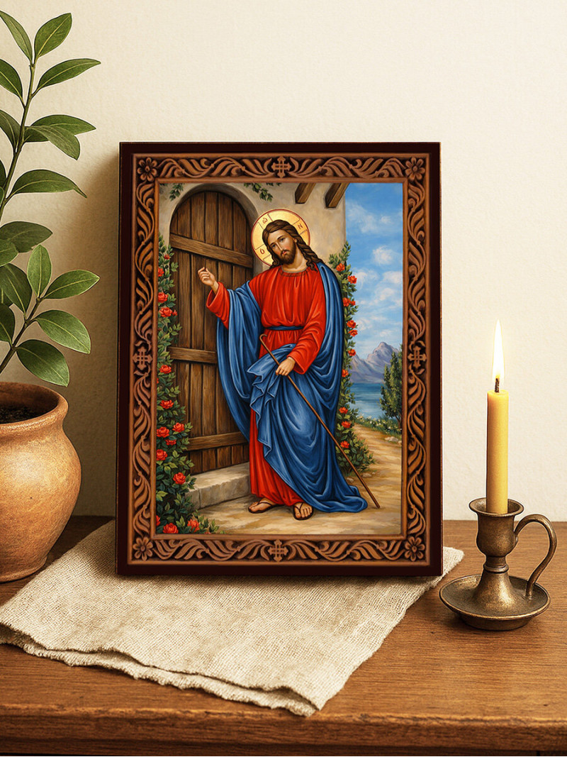 Icoană a lui Hristos care bate la ușă – cu ramă decorativă