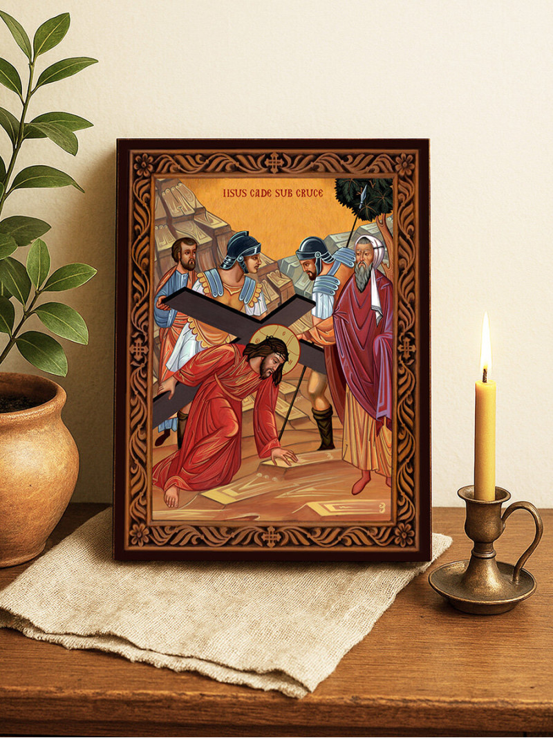 Icoană Isus cade sub Cruce – cu ramă decorativă