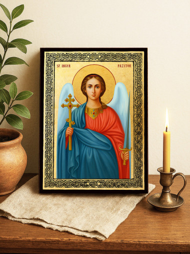 Icoană aurită cu Îngerul Păzitor și ramă decorativă