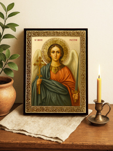 Icoană cu Îngerul Păzitor cu raze aurii decorative
