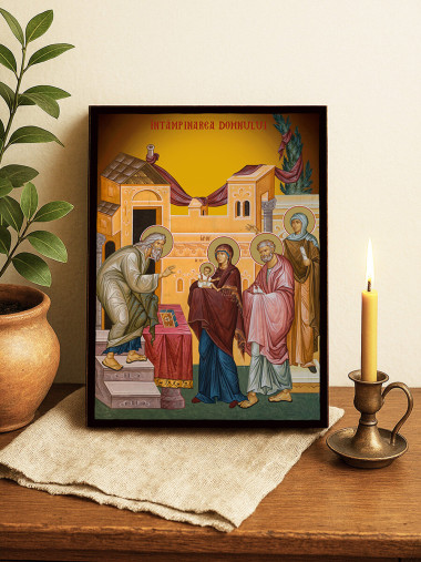 Icoană ortodoxă cu Întâmpinarea Domnului cu fundal galben luminos