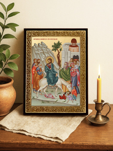 Icoană aurită cu Intrarea Domnului în Ierusalim cu raze decorative