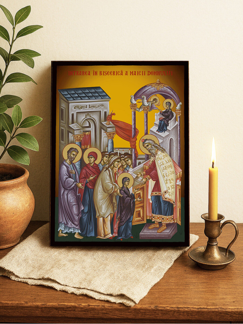 Icoană ortodoxă cu Intrarea Maicii Domnului în Biserică cu fundal galben luminos