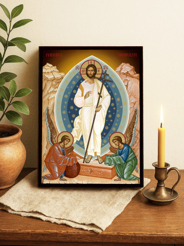 Icoană ortodoxă cu Învierea lui Hristos cu fundal galben luminos