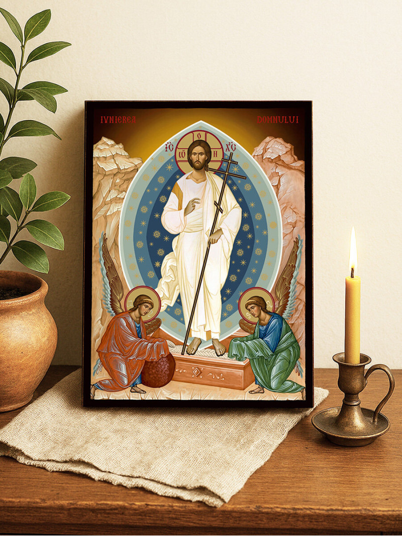 Icoană ortodoxă cu Învierea lui Hristos cu fundal galben luminos