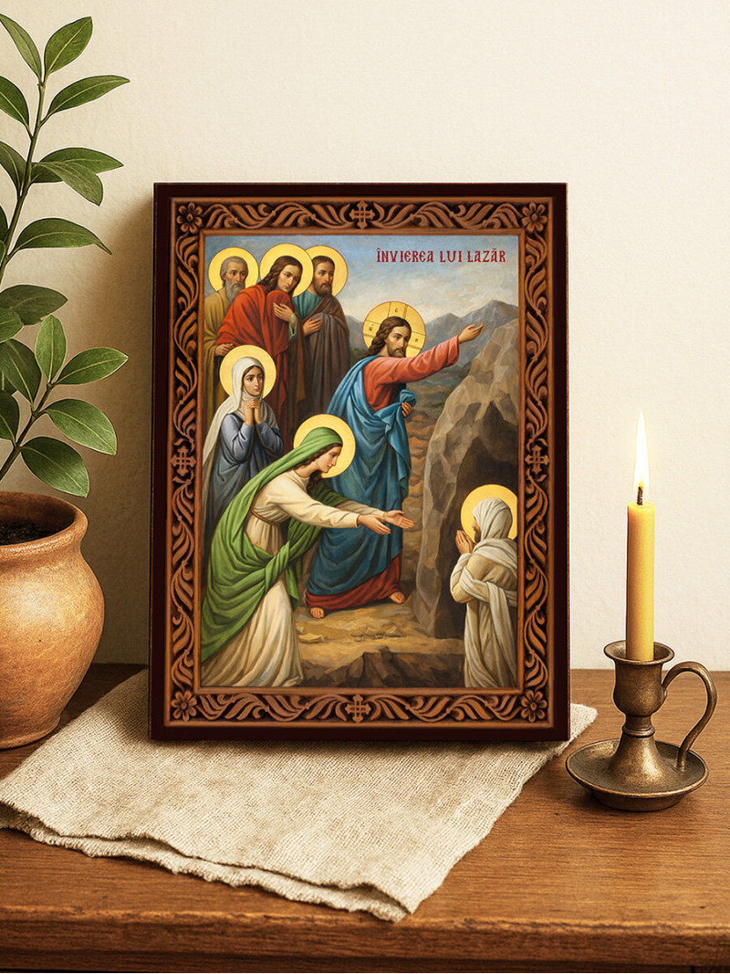 Icoană Învierea lui Lazăr cu ramă decorativă