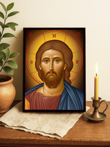 Icoană cu Iisus Hristos Mântuitorul pe fundal galben cald