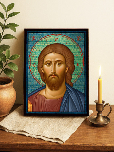 Icoană cu Iisus Hristos Mântuitorul cu mozaic albastru argintiu