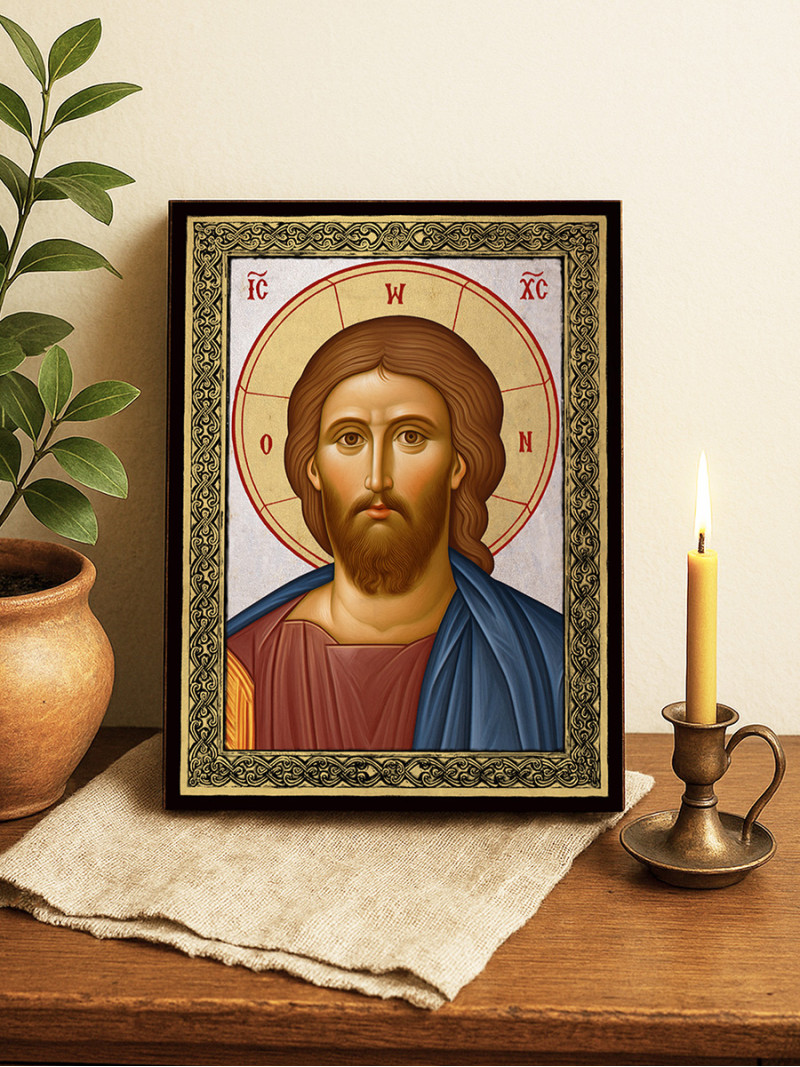 Icoană cu Iisus Hristos Mântuitorul pe fundal argintiu cu ramă aurie
