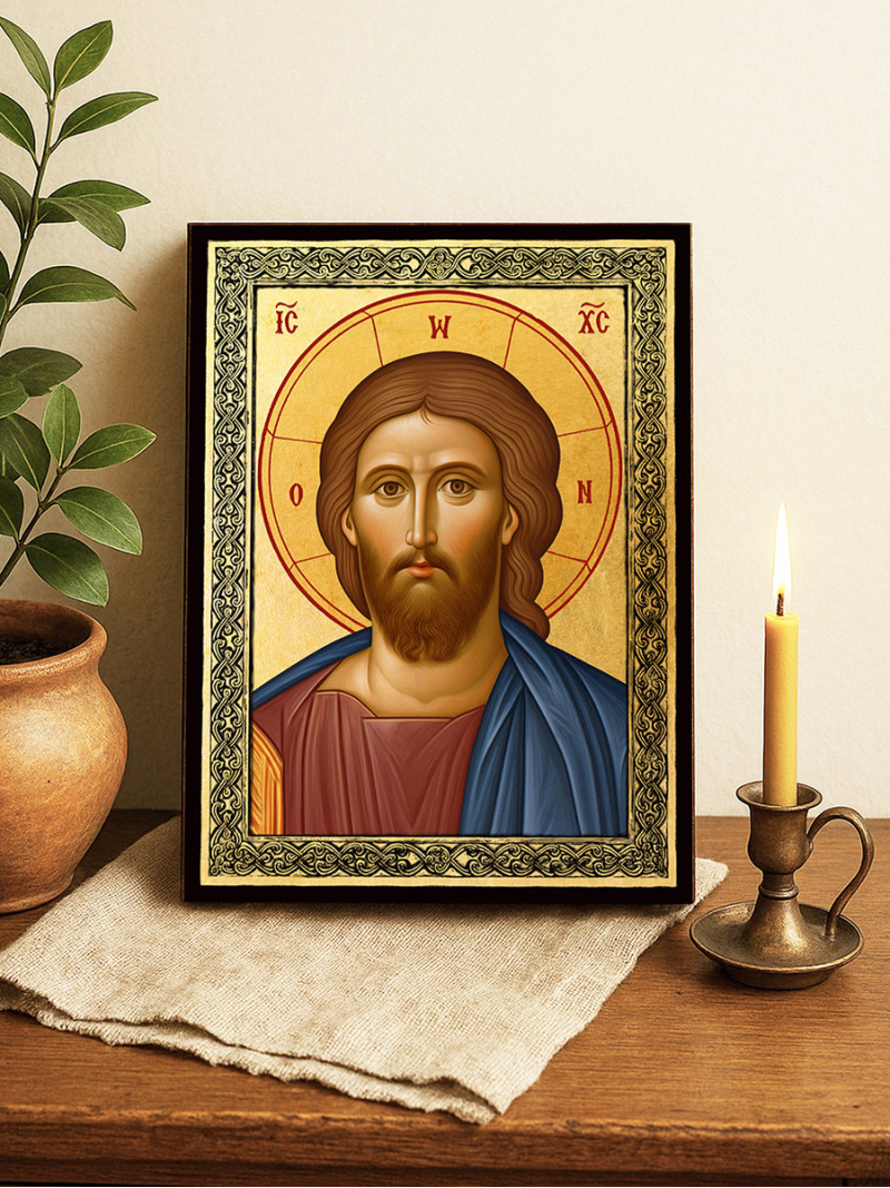 Icoană aurită cu Iisus Hristos Mântuitorul și ramă decorativă