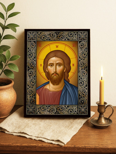 Icoană cu Iisus Hristos Mântuitorul cu ramă florală decorativă