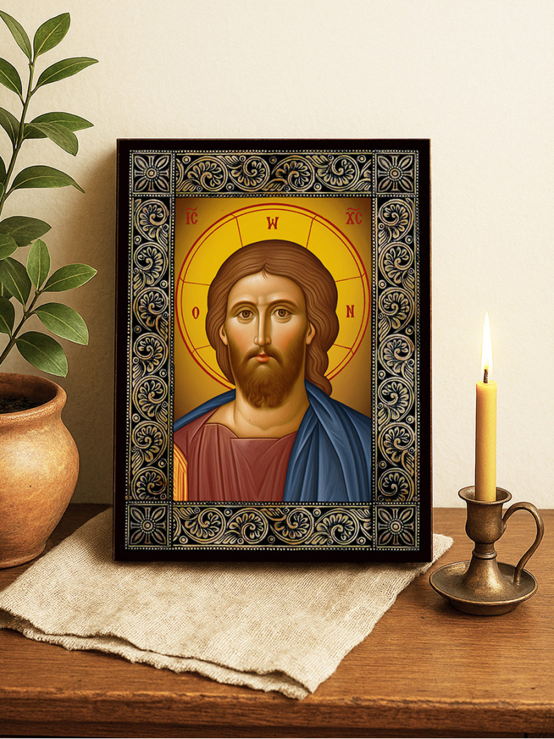 Icoană cu Iisus Hristos Mântuitorul cu ramă florală decorativă