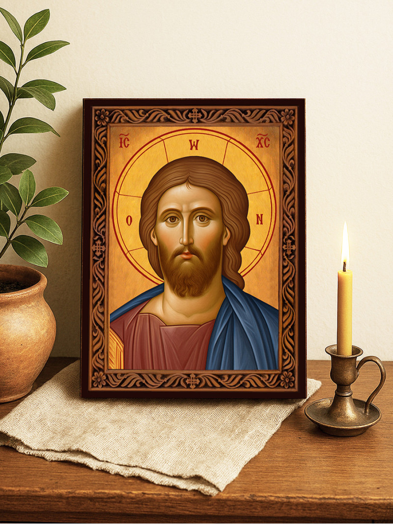 Icoană cu Iisus Hristos Mântuitorul cu ramă decorativă tip sculptură
