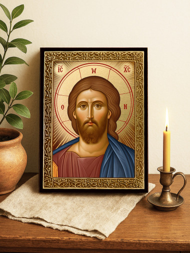 Icoană cu Iisus Hristos Mântuitorul cu raze aurii decorative