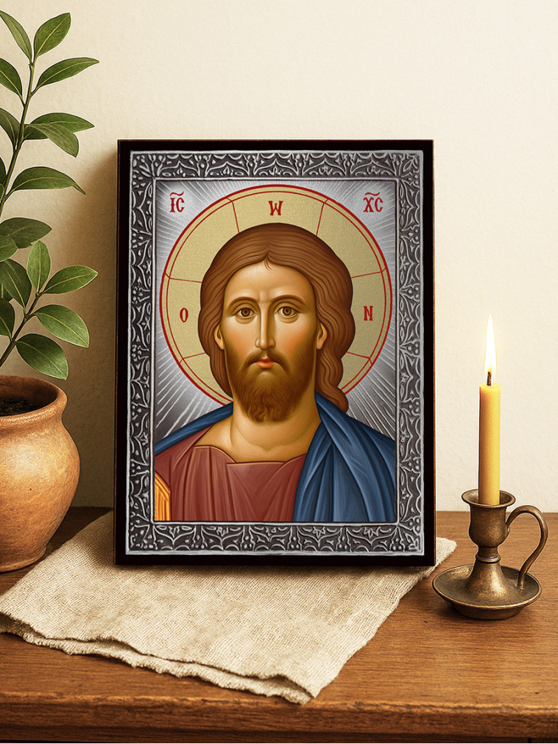 Icoană cu Iisus Hristos Mântuitorul cu raze argintii decorative