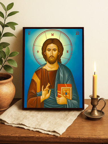 Icoană cu Iisus Hristos Pantocrator cu fundal ceresc