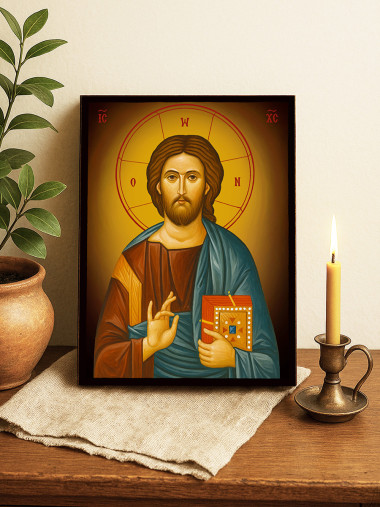 Icoană ortodoxă cu Iisus Hristos Pantocrator cu fundal galben luminos