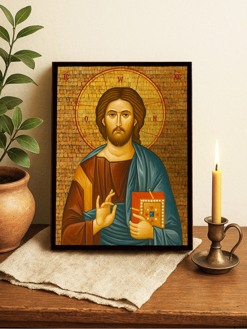Icoană aurită cu Iisus Hristos Pantocrator cu mozaic decorativ auriu