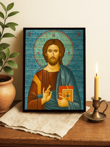 Icoană din argint cu Iisus Hristos Pantocrator cu mozaic albastru pe fond argintiu