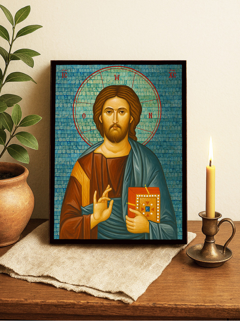 Icoană din argint cu Iisus Hristos Pantocrator cu mozaic albastru pe fond argintiu