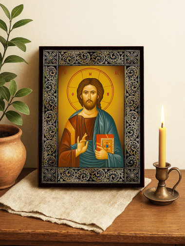 Icoană cu Iisus Hristos Pantocrator cu ramă decorativă cu motive florale