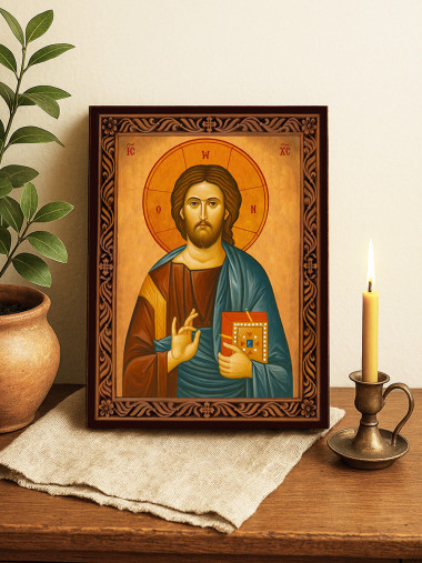 Icoană ortodoxă cu Iisus Hristos Pantocrator cu ramă decorativă stil sculptat