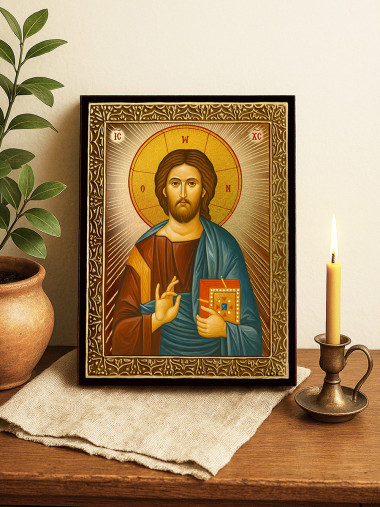 Icoană aurită cu Iisus Hristos Pantocrator cu raze decorative și ramă