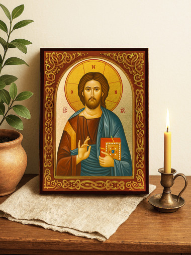 Icoană aurită cu Iisus Hristos Pantocrator cu arc floral decorativ
