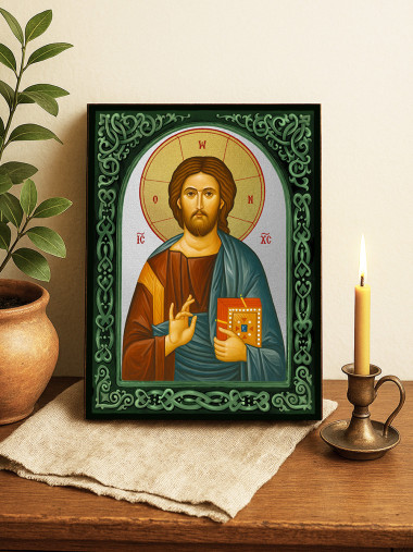 Icoană din argint cu Iisus Hristos Pantocrator cu arc floral verde