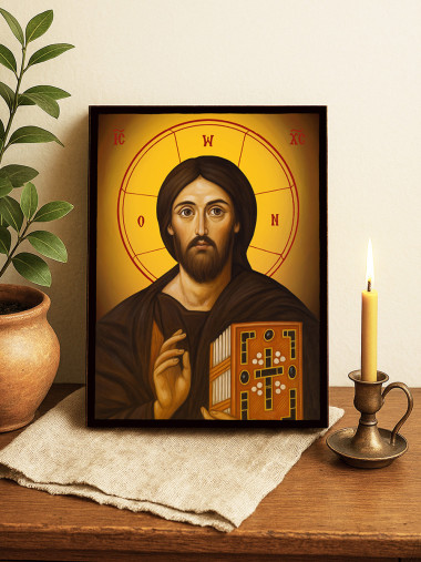Icoană cu Iisus Hristos Sinai pe fundal galben cald