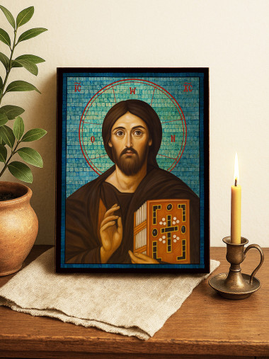 Icoană cu Iisus Hristos Sinai cu mozaic albastru argintiu