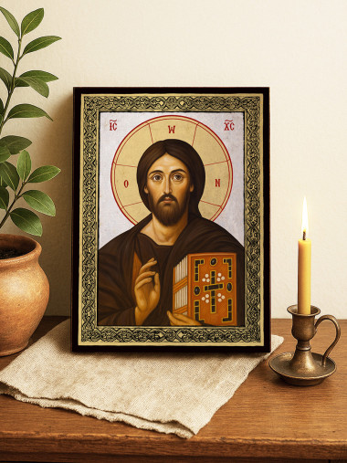 Icoană cu Iisus Hristos Sinai pe fundal argintiu cu ramă aurie