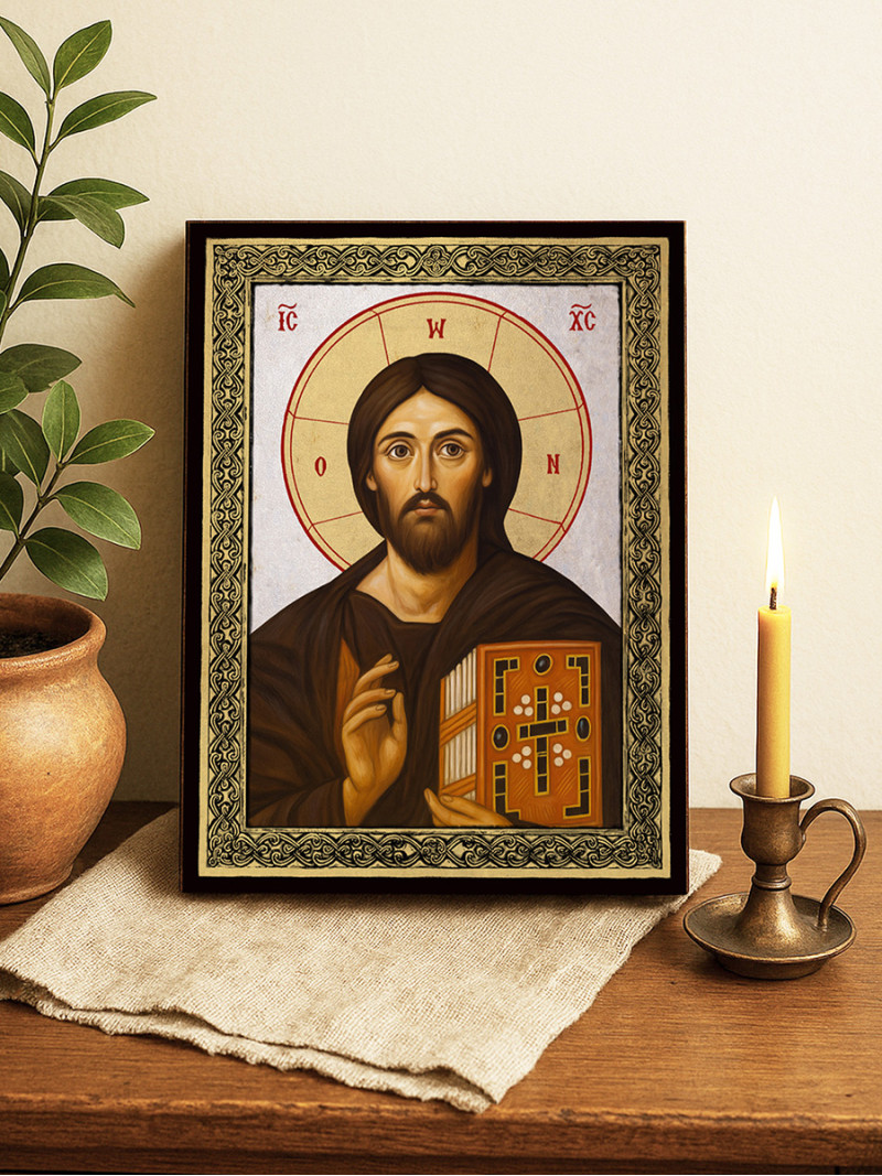 Icoană cu Iisus Hristos Sinai pe fundal argintiu cu ramă aurie