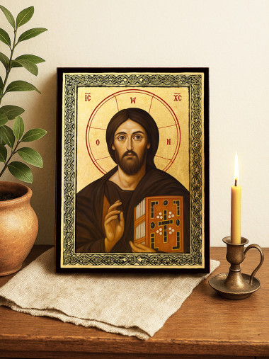 Icoană aurită cu Iisus Hristos Sinai și ramă decorativă