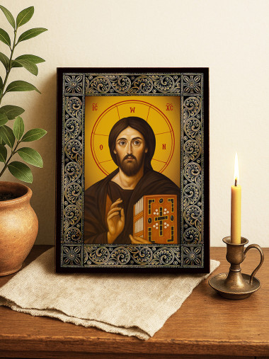 Icoană cu Iisus Hristos Sinai cu ramă florală decorativă