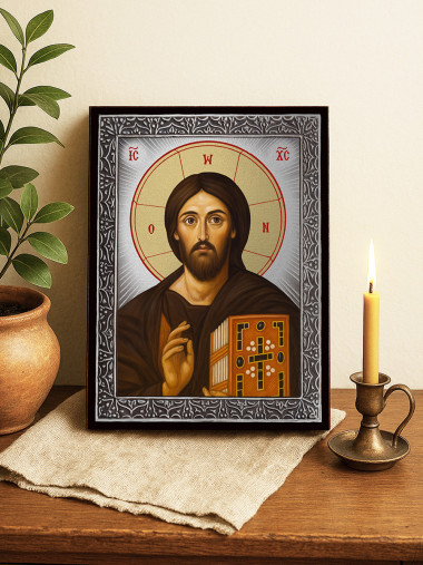 Icoană cu Iisus Hristos Sinai cu raze argintii decorative