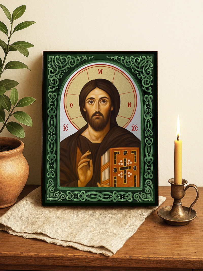 Icoană cu Iisus Hristos Sinai cu arcadă florală verde