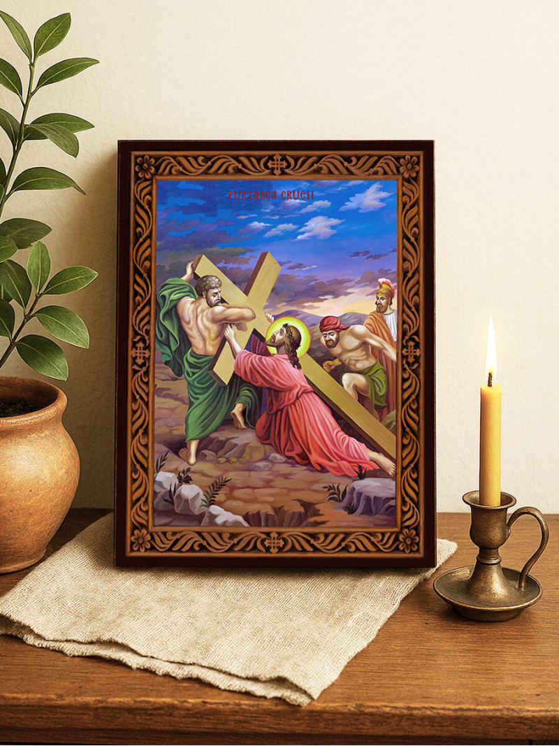 Icoană Purtarea Crucii – cu ramă decorativă